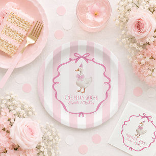 Cute One Silly Goose Pink Bow First Birthday Paper Plates