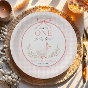 Cute One Silly Goose Pink Bow Girl 1st Birthday Paper Plates