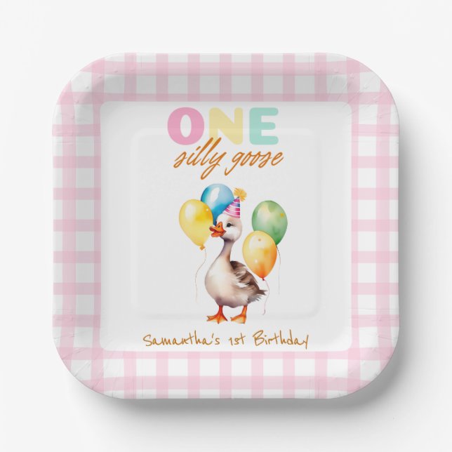 Cute One Silly Goose Pink Girl 1st Birthday Paper Plates (Front)