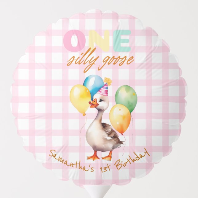 Cute One Silly Goose Pink Plaid Girl 1st Birthday Balloon (Back)