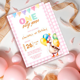 Cute One Silly Goose Pink Plaid Girl 1st Birthday Invitation