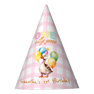 Cute One Silly GooseGirl Pink Gingham 1st Birthday Party Hat