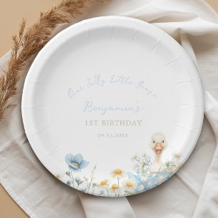 Cute One Silly Little Goose Blue Boy 1st Birthday Paper Plates