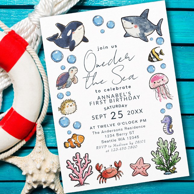 Cute Oneder the Sea Ocean Kids First Birthday Invitation (Creator Uploaded)