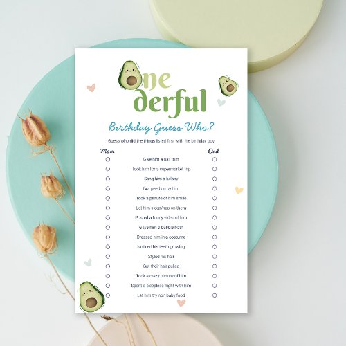 Cute Onederful Avocado 1st Birthday Game Card