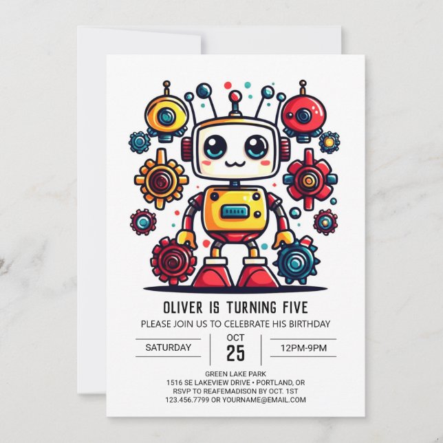 Cute Online Metallic Robot Birthday Invitation (Front)