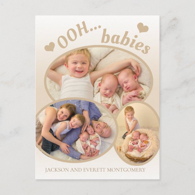 Cute Ooh Babies Twin Photo Tan Birth Announcement (Front)