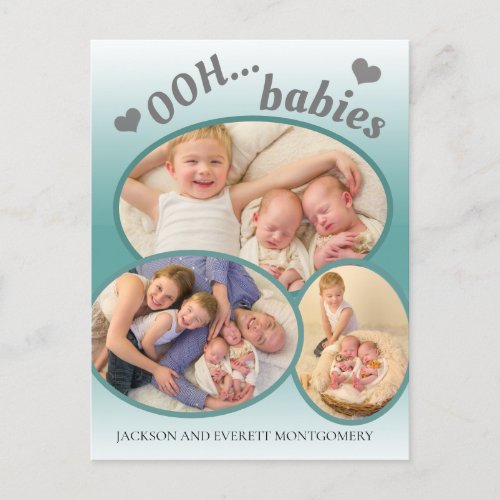 Cute Ooh Babies Twin Photo Teal Birth Announcement