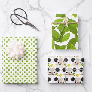 Cute Opossum Faces, Green Leaves & Circles Pattern Wrapping Paper Sheets