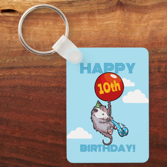 Cute Opossum Happy Birthday! Add The Age Balloon Keychain (Front)