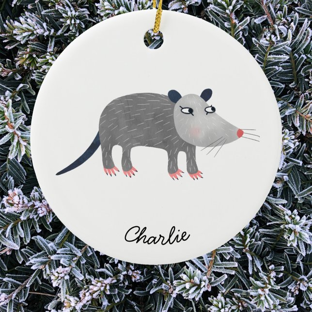 Cute Opossum Personalized Ceramic Ornament (Fun possum or opossum personalized custom name Christmas ornament)