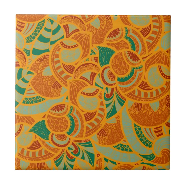 Cute orange abstract seamless flowers ceramic tile (Front)