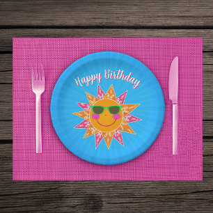 Cute Orange Abstract Sun With Face Glasses on Blue Paper Plates