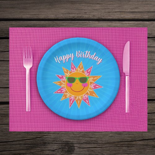 Cute Orange Abstract Sun With Face Glasses on Blue Paper Plates