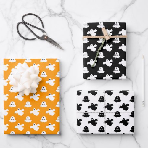 Cute Orange And Black Ghost Halloween Wrapping Paper Sheets