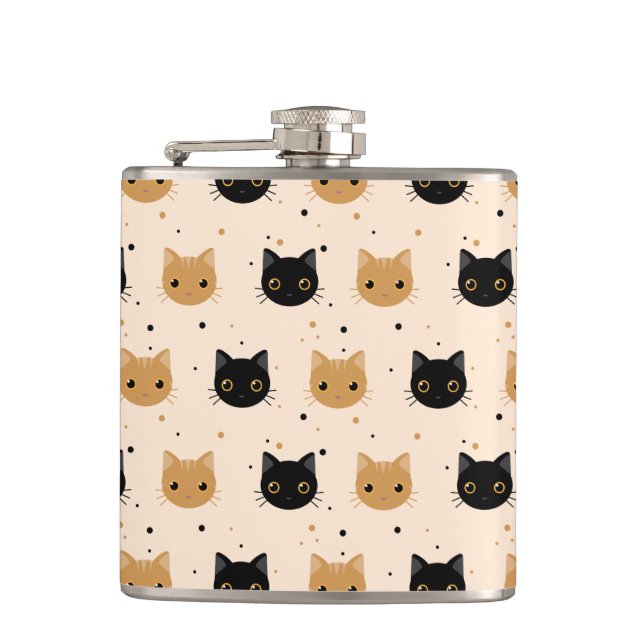 Cute Orange and Black Halloween Cat Pattern Hip Flask (Front)
