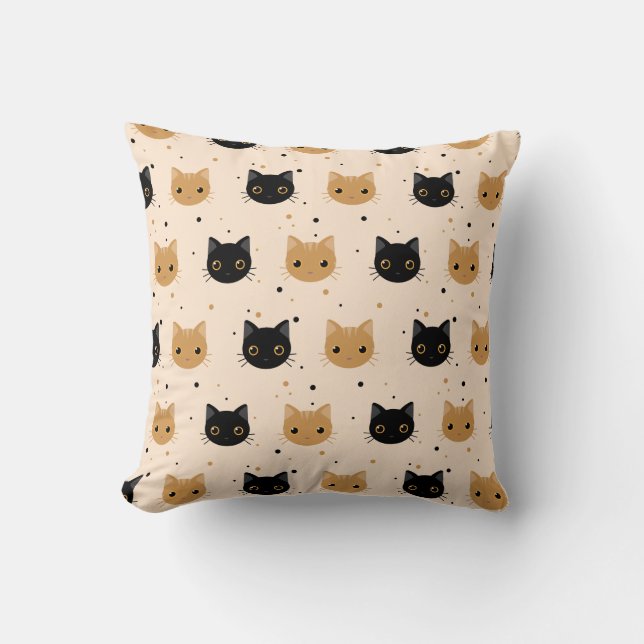 Cute Orange and Black Halloween Cat Pattern Throw Pillow (Front)