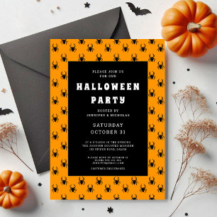Cute Orange And Black Spiders Halloween Party Invitation