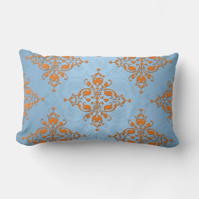 Cute Orange and Blue Damask Lumbar Pillow (Front)