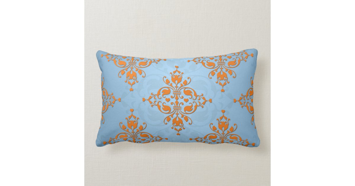 Cute Orange and Blue Damask Lumbar Pillow
