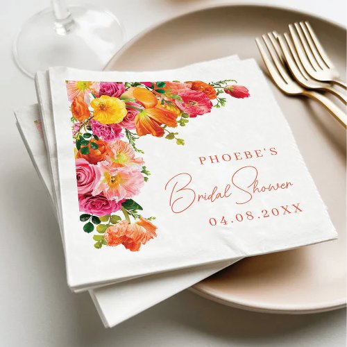 Cute Orange and Bright Pink Floral Bridal Shower Napkins