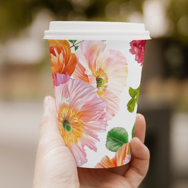 Cute Orange and Bright Pink Floral Bridal Shower Paper Cups (Creator Uploaded)