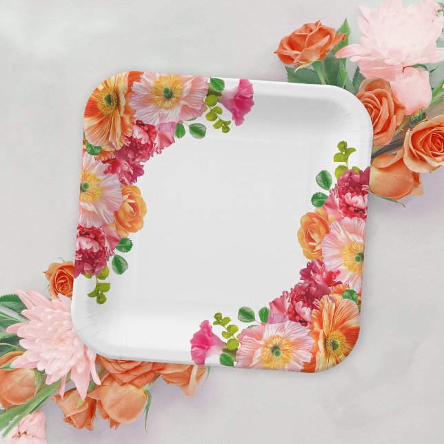 Cute Orange and Bright Pink Floral Bridal Shower Paper Plates (Creator Uploaded)