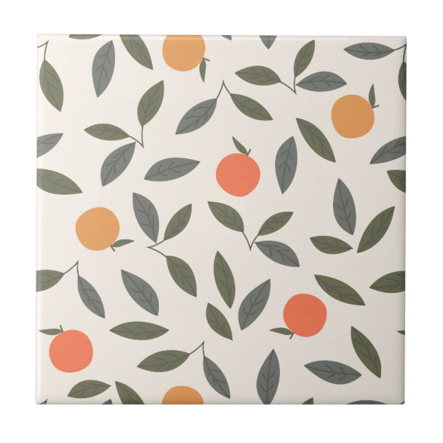 Cute Orange and Leaves Pattern Ceramic Tile (Front)