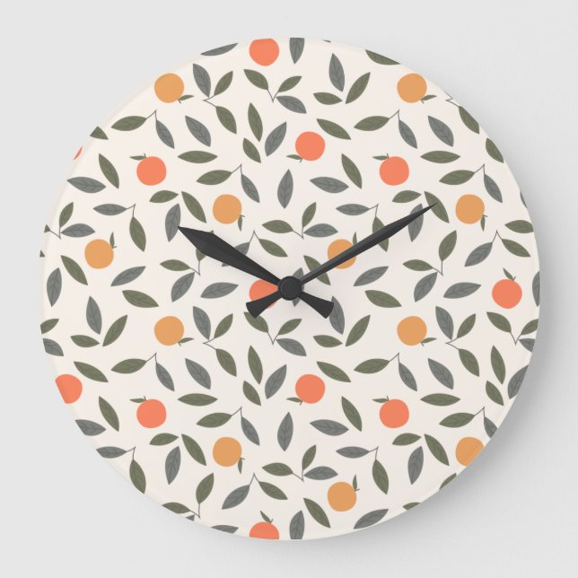 Cute Orange and Leaves Pattern Large Clock (Front)