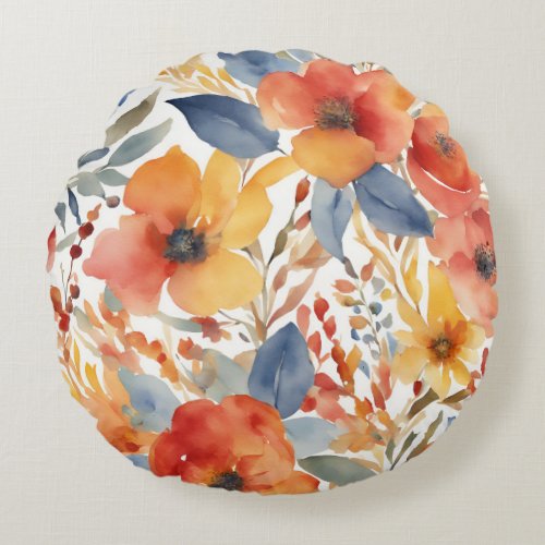 Cute Orange And Red Flowers Watercolor Floral Round Pillow