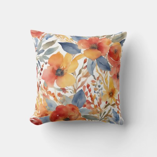 Cute Orange And Red Flowers Watercolor Floral Throw Pillow