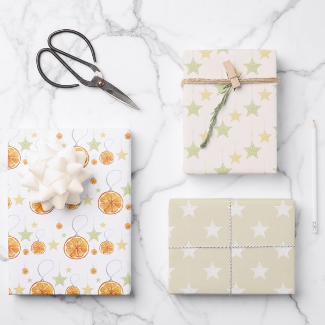 Cute Orange and Stars On Winter White Wrapping Paper Sheets (Front)