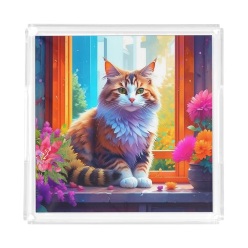 Cute Orange and White Cat Sitting in City Window Acrylic Tray