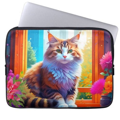 Cute Orange and White Cat Sitting in City Window Laptop Sleeve