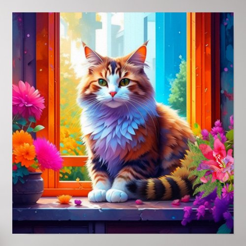 Cute Orange and White Cat Sitting in City Window Poster