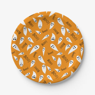 Cute Orange and White Halloween Ghosts Boo pattern Paper Plates