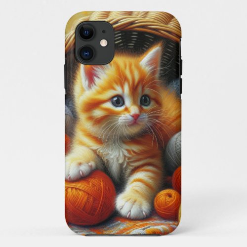Cute Orange and White Kitten  Playing in Yarn iPhone 11 Case