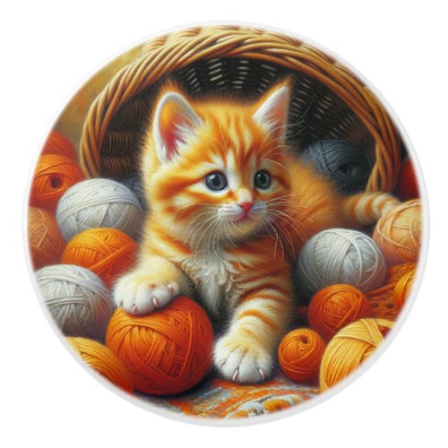 Cute Orange and White Kitten  Playing in Yarn Ceramic Knob