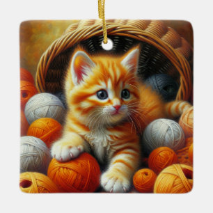 Cute Orange and White Kitten Playing in Yarn Ceramic Ornament