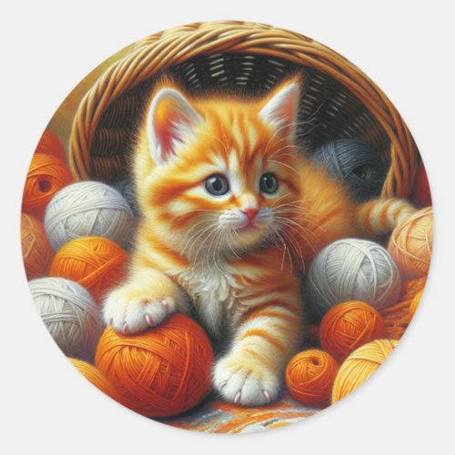 Cute Orange and White Kitten  Playing in Yarn Classic Round Sticker