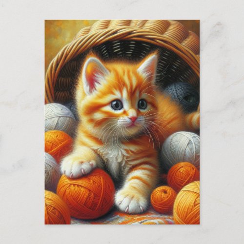 Cute Orange and White Kitten  Playing in Yarn Postcard