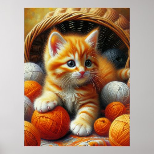 Cute Orange and White Kitten  Playing in Yarn Poster