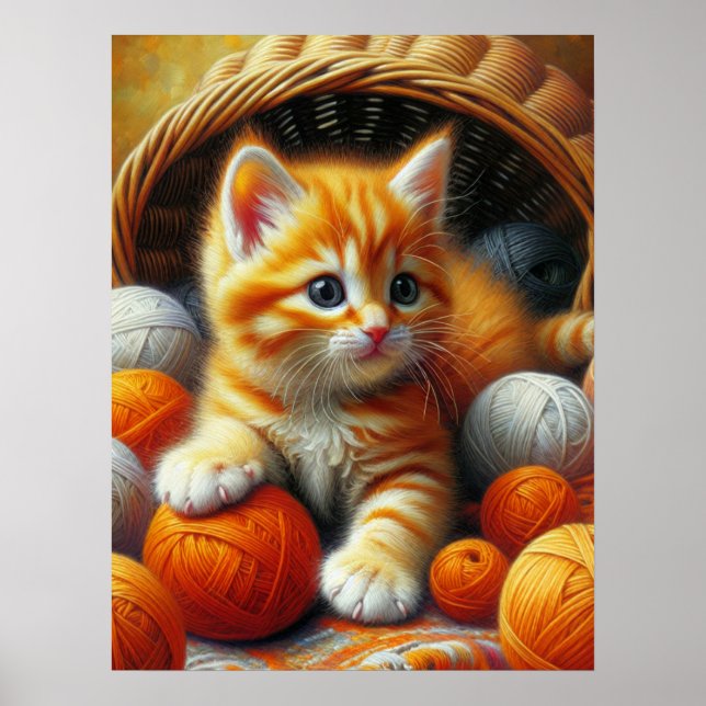 Cute Orange and White Kitten  Playing in Yarn Poster (Front)