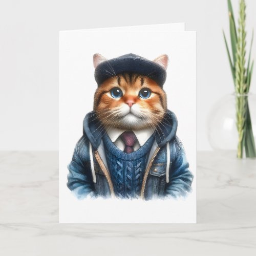 Cute Orange and White Tabby Cat Wearing a Hoodie Card