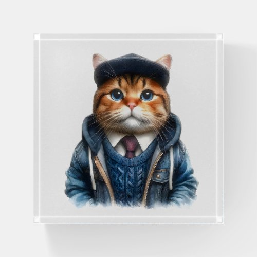 Cute Orange and White Tabby Cat Wearing a Hoodie Paperweight