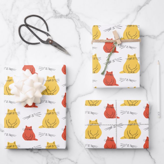 Cute Orange and Yellow Cat Pattern  Wrapping Paper Sheets (Front)