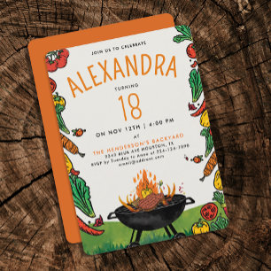 Cute Orange BBQ Backyard Grill Kids Outdoor Party Invitation