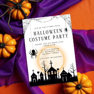 Cute Orange & Black Adult Halloween Costume Party Invitation