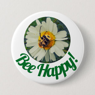 Cute Orange & Black Bee on Daisy Circle Design Button