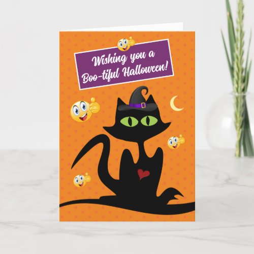 Cute Orange Black Cat Witch Boo_tiful Halloween Holiday Card